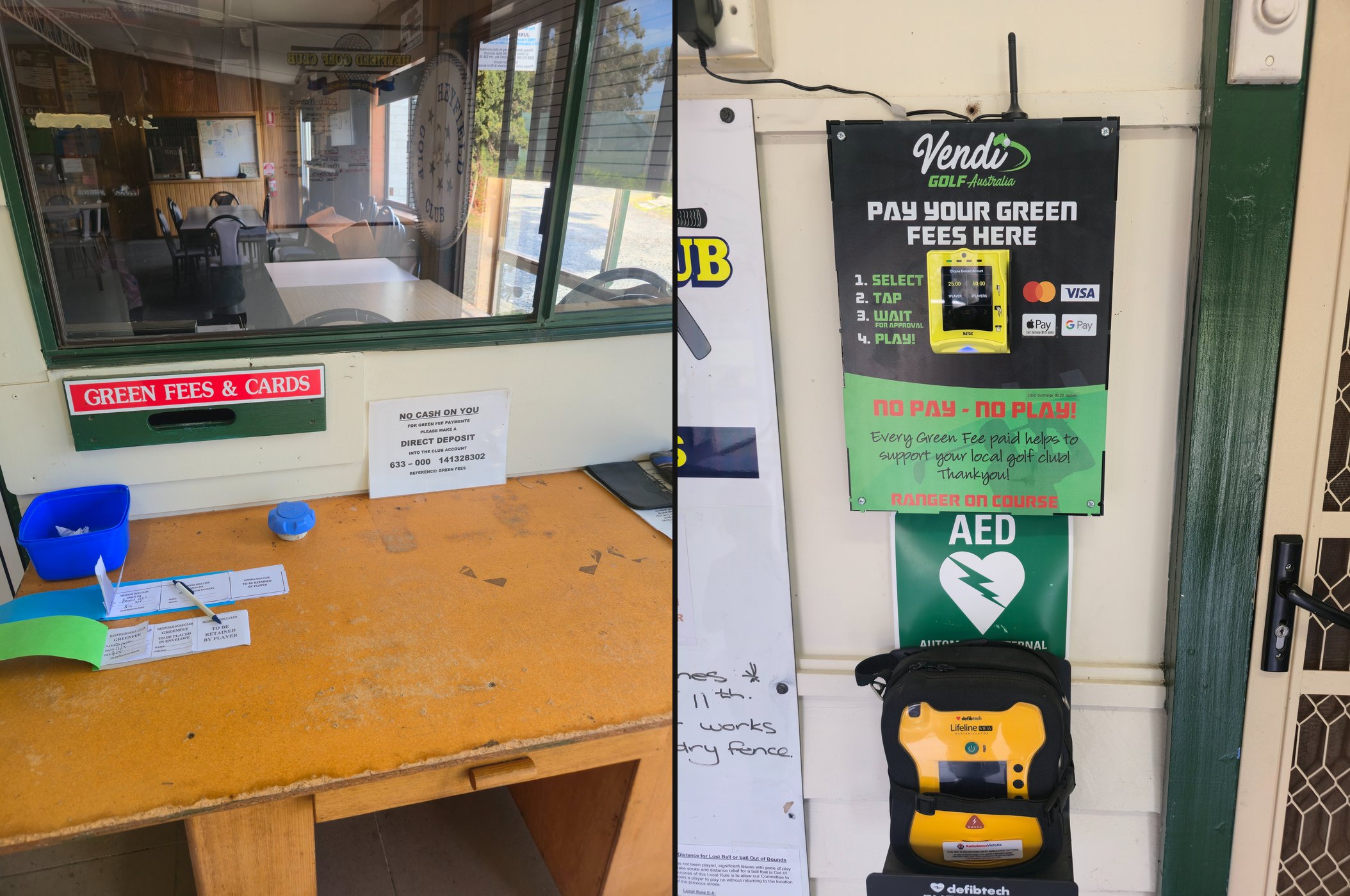The green fee envelope window and the Vendi payment terminal at the clubhouse